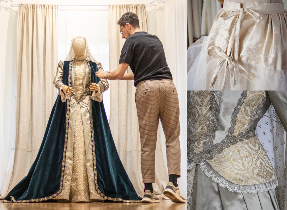 El modisto conquense junto a su creación y dos detalles del vestido.